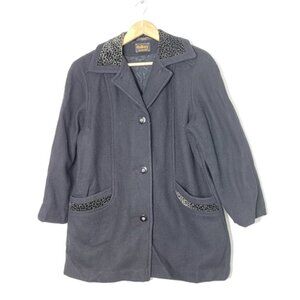 Gallery Vintage Black Button-Down Retro Wool Blend Leopard Print Collar Jacket